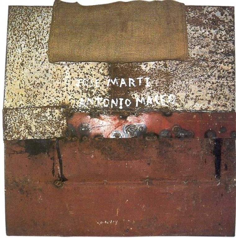 De la Serie Oggun Arere, 2002, Metal, Yute, Tela, Soga y Acrílico, 100 x 100 cm.